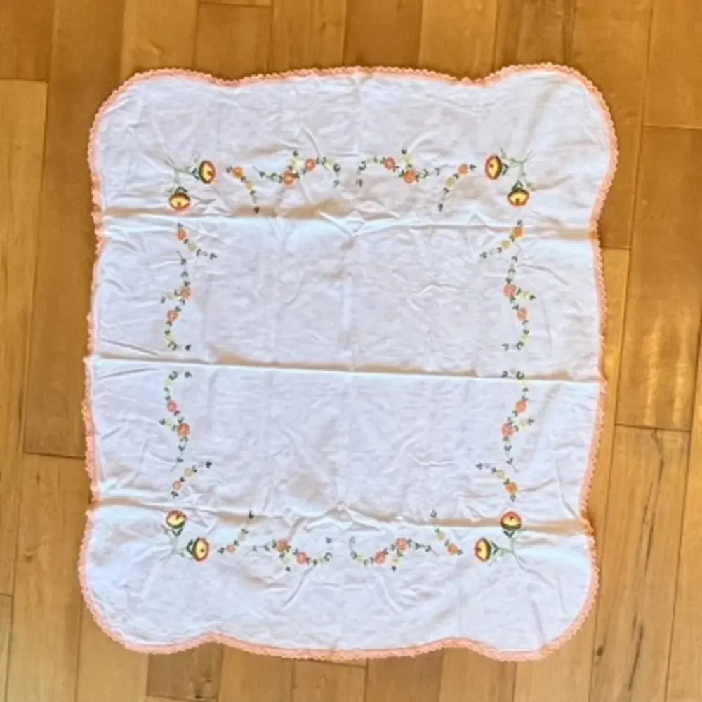 Vintage Hand Embroidered Floral Tablecloth 35x39.5 White Cotton Lace Edge Flower